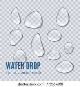 Transparent water drop set isolated on light gray background, realistic vector illustration