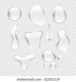 Transparent water drop set on light gray background. Custom shapes water bubbles with glares and highlights. Vector illustration EPS 10