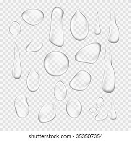 Transparent water drop set on light gray background. Custom shapes water bubbles with glares and highlights. Abstract vector illustration EPS 10 for your design and business