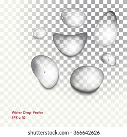 Transparent water drop set on light background, vector illustration