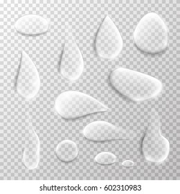 Gota de agua transparente sobre fondo gris claro. Burbujas de agua de Formas personalizadas con brillos y reflejos. Ilustración vectorial EPS 10
