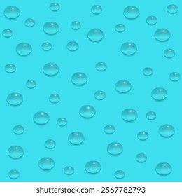 Transparent water droplets on a blue background, vector illustration