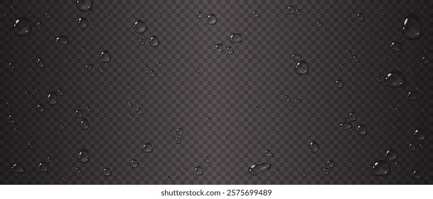 Transparent water droplets on a dark checkered background. Vector illustration with glossy details for overlay effects and design elements. Realistic vector texture for overlay and design.