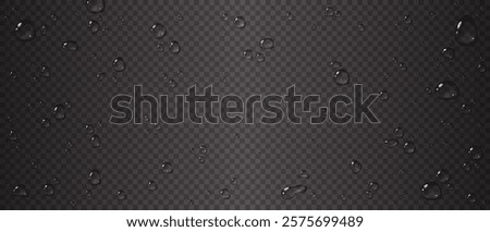 Transparent water droplets on a dark checkered background. Vector illustration with glossy details for overlay effects and design elements. Realistic vector texture for overlay and design.