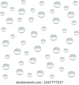 Transparent water droplets on white background, vector illustration