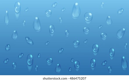 Transparent water drops blue vector background. Wet droplet natural illustration