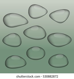 Transparent water drops of different shapes on a green gradient background, vector illustration.