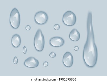 gotas de agua transparentes aisladas en el vector de fondo azul