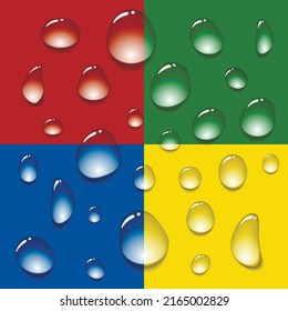 El agua transparente cae sobre un fondo de diferentes colores. Gotas de agua en un vaso transparente. La lluvia cae sobre la ventana. 