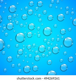 Transparent water drops on blue background, vector illustration