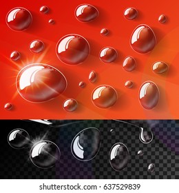 Transparent water drops on flat background