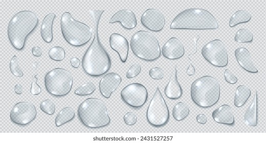 Transparent water drops realistic vector illustration set. Fresh fluid shapes collection. Clear liquid droplets 3d elements on transparent background