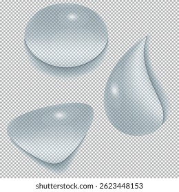 Transparente Wassertropfen realistisches Vektorgrafik-Set, Tröpfchen 3D-Elemente auf transparentem Hintergrund, Vektorgrafik 