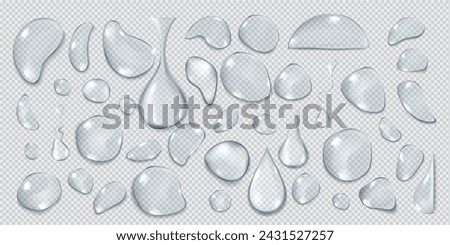 Transparent water drops realistic vector illustration set. Fresh fluid shapes collection. Clear liquid droplets 3d elements on transparent background