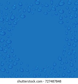 Transparent water drops round frame or border on blue background. Realistic design for for banner, greeting card, invitation, emblem. Vector illustration.