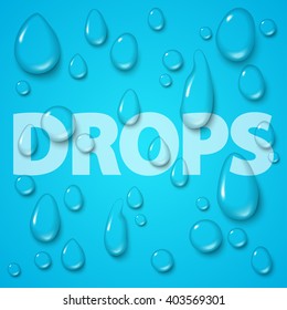 Transparent water drops set on blue background. Vector illustration.  Clean pure aqua droplets. Realistic dew.