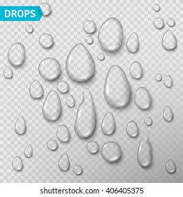 Transparent water drops set. Vector illustration. Clean pure aqua droplets. Realistic dew.