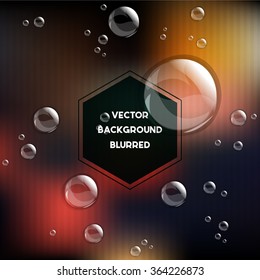 Transparent water drops with text label, on trendy blurred background