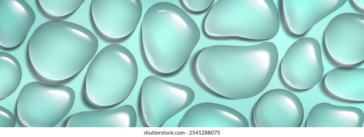 Transparent water or gel droplets pattern on turquoise background. Realistic 3d vector illustration of raindrop or oil bubbles texture. Clean aqua tear and puddle on smooth glass or window surface.