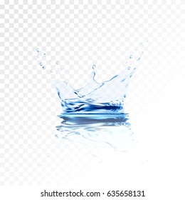 Transparent water splash with reflection and drops isolated. 3d illustration vector aqua surface background created with gradient mesh tool. Liquid crown from falling into the water in light blue.