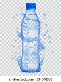 Transparent water splashes in blue colors around a plastic bottle. Transparency only in vector file