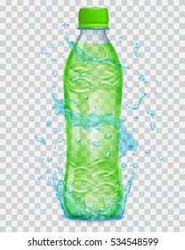 Transparent water splashes in blue colors around a plastic bottle with green liquid. Transparency only in vector file