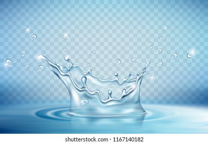 Transparent water splashes, drops isolated on transparent background. Vector illustration