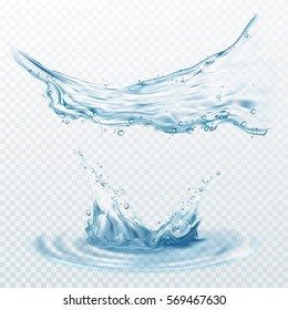 Transparent water splashes, drops isolated on transparent background. Vector illustration