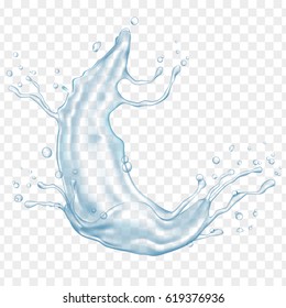 Transparent water splashes and water drops in light blue colors, isolated background. 