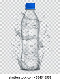 Transparent water splashes in gray colors around a plastic bottle. Transparency only in vector file