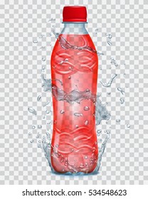 Transparent water splashes in gray colors around a plastic bottle with red liquid