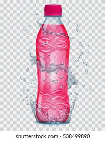 Transparent water splashes in gray colors around a plastic bottle with red liquid. Transparency only in vector file