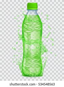 Transparent water splashes in green colors around a plastic bottle with cap, filled with juice. Transparency only in vector file