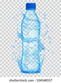 Transparent water splashes in light blue colors around a plastic bottle. Transparency only in vector file