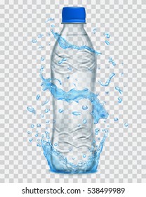 Transparent water splashes in light blue colors around a gray plastic bottle. Transparency only in vector file