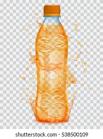 Transparent water splashes in orange colors around a plastic bottle with juice. Transparency only in vector file