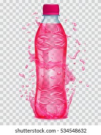 Transparent water splashes in red colors around a plastic bottle with juice. Transparency only in vector file