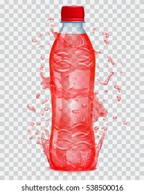 Transparent water splashes in red colors around a plastic bottle with juice. Transparency only in vector file