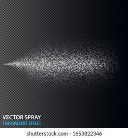 Transparent water spray cosmetic set with dust and dots. White 3d fog spray effect isolated on background. Vector spray smoke effect