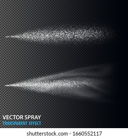 Transparent water spray cosmetic set with dust and dots. White 3d fog spray effect isolated on background. Vector spray smoke effect