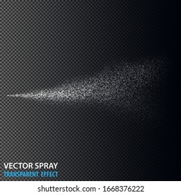 Transparent water spray cosmetic set with dust and dots. White 3d fog spray effect isolated on background. Vector spray smoke effect