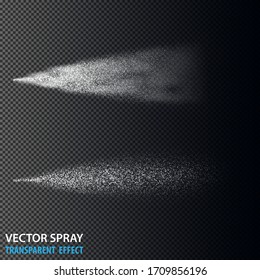 Transparent water spray cosmetic set with dust and dots. White 3d fog spray effect isolated on background. Vector spray smoke effect eps10