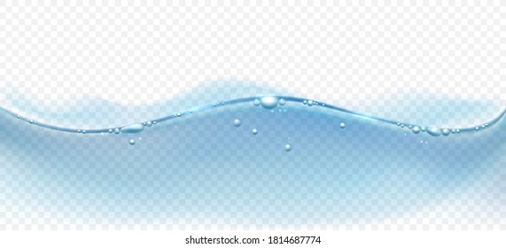 Transparent water surface. Underwater macro liquid vector background, waters bubbly flow abstract ocean blue backdrop, clean sea horizon illustration