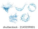 Transparent water tornado, whirlwind and swirl splashes with drops, realistic vector. Blue water wave in twister or twirl with splashing drops and bubbles in whirl, clear aqua with pouring flow