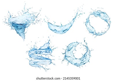 tornade d'eau transparente, éclaboussures de tourbillon et de tourbillon avec des gouttes, image vectorielle réaliste. Vague d'eau bleue en torrents ou tourbillonnants avec des gouttes clignotantes et des bulles en tourbillon, eau limpide avec écoulement