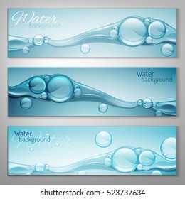 Imagen transparente de ola de agua con burbujas. Ilustración vectorial en colores azul claro. Concepto de pureza y frescura. Banner de fondo de agua abstracta del sitio web o conjunto de encabezados.
