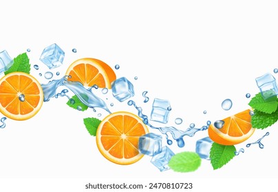 Transparent water wave splash and sliced orange juice 3d realistic vector. Citrus fruit and ice cubes, tropical summer drink, lemonade, ice tea cocktail. Orange and mint