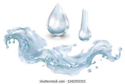 Transparent water wave splash in vector illustration isolated on white background. Pure water fluid clip art for collages. Freshness.