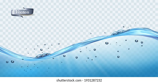 Transparent water waves and air bubbles   sunbeams transparent background  Vector illustration
