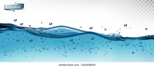 Transparent water waves with air bubbles and sunbeams on transparent background. Vector illustration